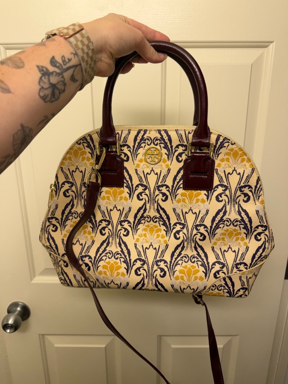 Tory Burch Yellow Floral Tapestry Dome Robinson Satchel with Burgundy Trim